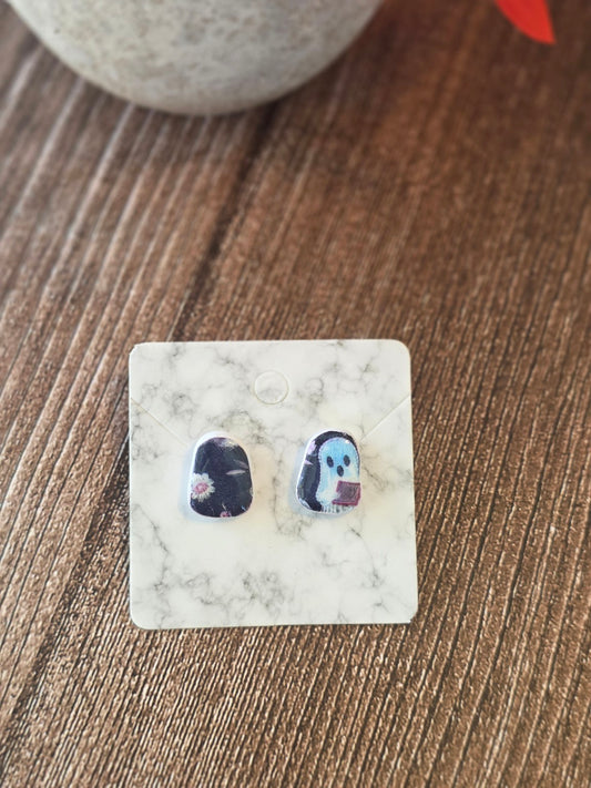 Ghostly Chapters Stud Earrings 👻 Glossy Non-Resin Ghost & Floral