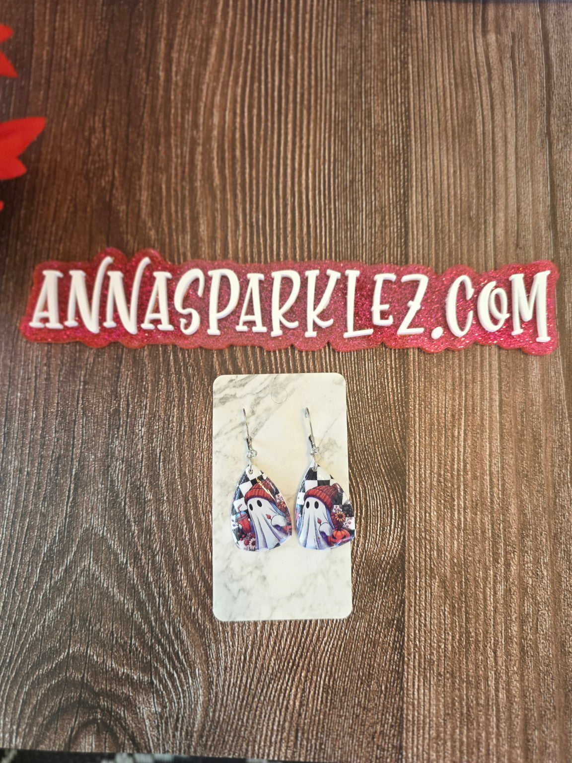 Checkerboard Spirits Ghost Teardrop Dangle Earrings 👻 Chunky Silver-Tone Resin Gloss