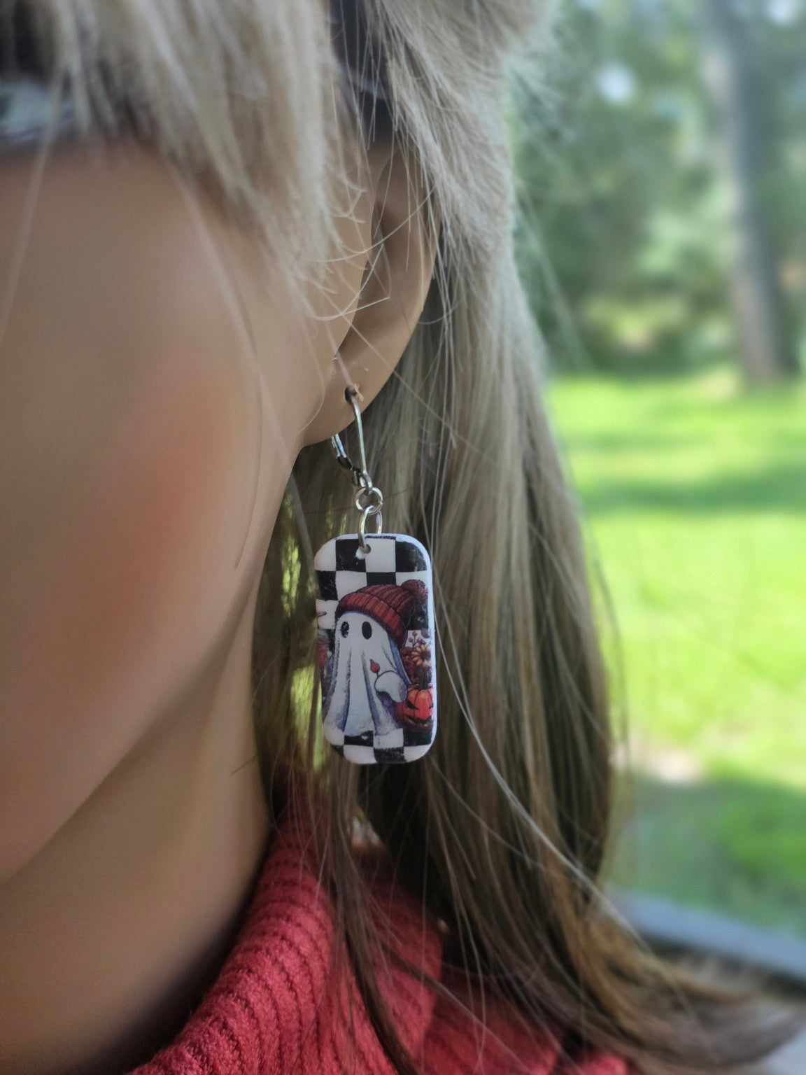 Checkerboard Spirits Ghost Rectangle Dangle Earrings 👻 Chunky Resin Gloss Vintage