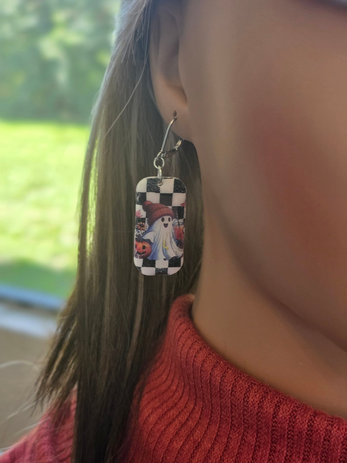 Checkerboard Spirits Ghost Rectangle Dangle Earrings 👻 Chunky Resin Gloss Vintage