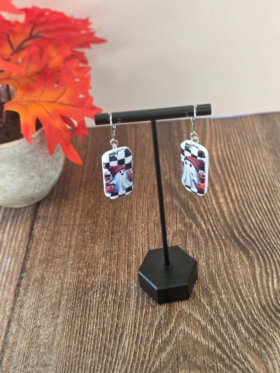 Checkerboard Spirits Ghost Rectangle Dangle Earrings 👻 Chunky Resin Gloss Vintage