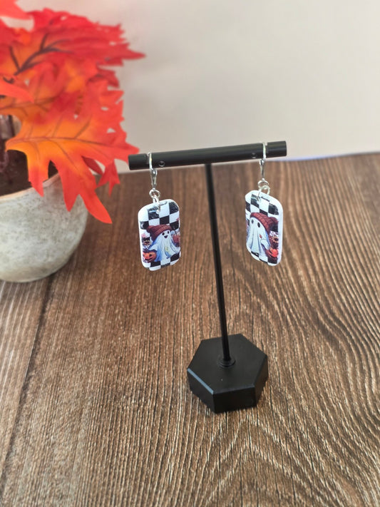 Checkerboard Spirits Ghost Rectangle Dangle Earrings 👻 Chunky Resin Gloss Vintage