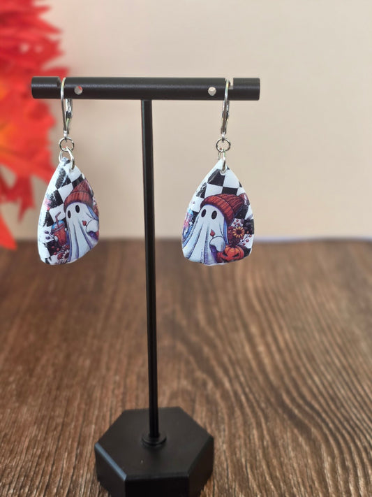 Checkerboard Spirits Ghost Teardrop Dangle Earrings 👻 Chunky Silver-Tone Resin Gloss