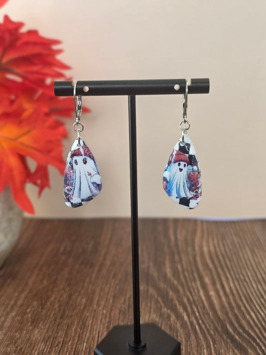 Checkerboard Spirits Ghost Teardrop Dangle Earrings 👻 Chunky Silver-Tone Resin Gloss
