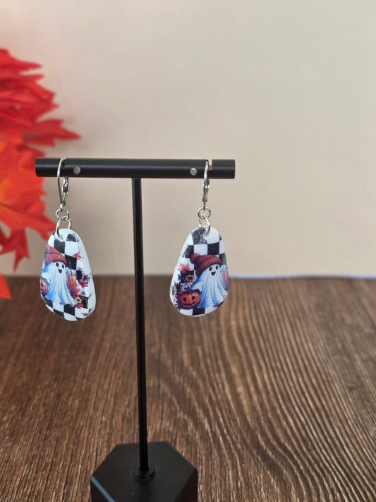 Checkerboard Spirits Ghost Long Teardrop Dangle Earrings 👻 Chunky Silver-Tone Resin Gloss