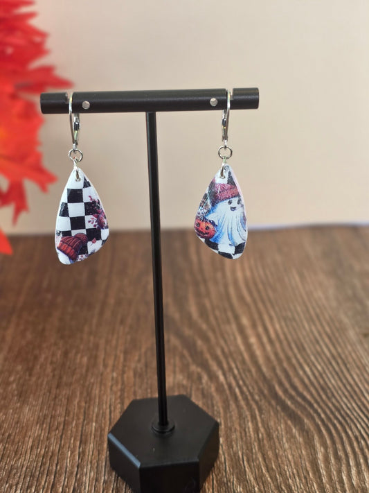 🎃 Checkerboard Spirits Ghostly Teardrop Dangles
