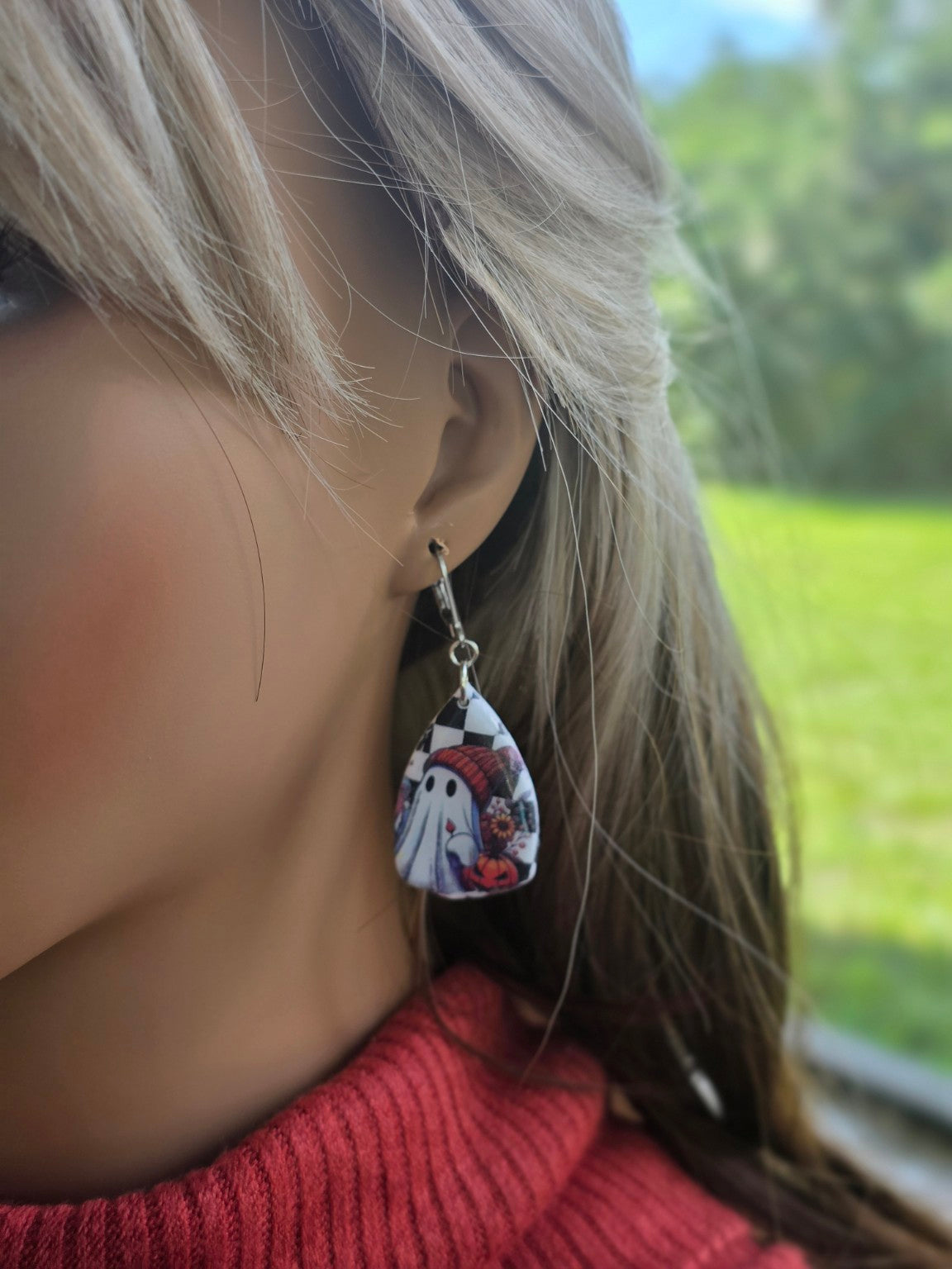 Checkerboard Spirits Ghost Teardrop Dangle Earrings 👻 Chunky Silver-Tone Resin Gloss