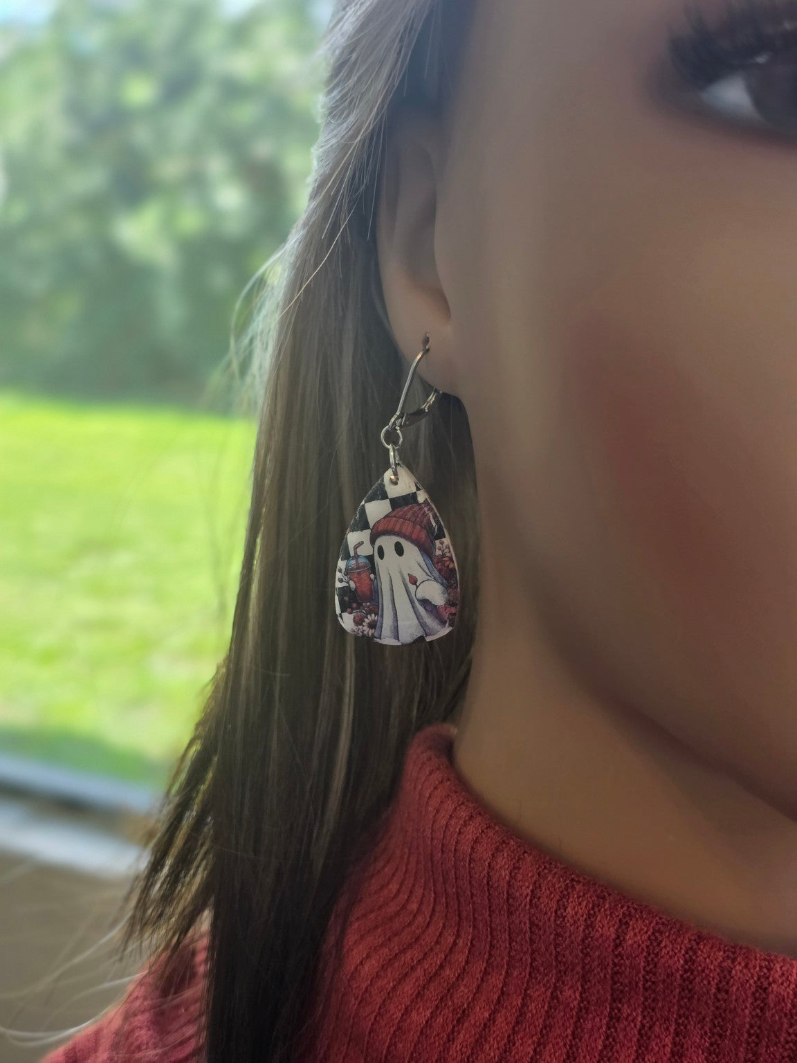 Checkerboard Spirits Ghost Teardrop Dangle Earrings 👻 Chunky Silver-Tone Resin Gloss