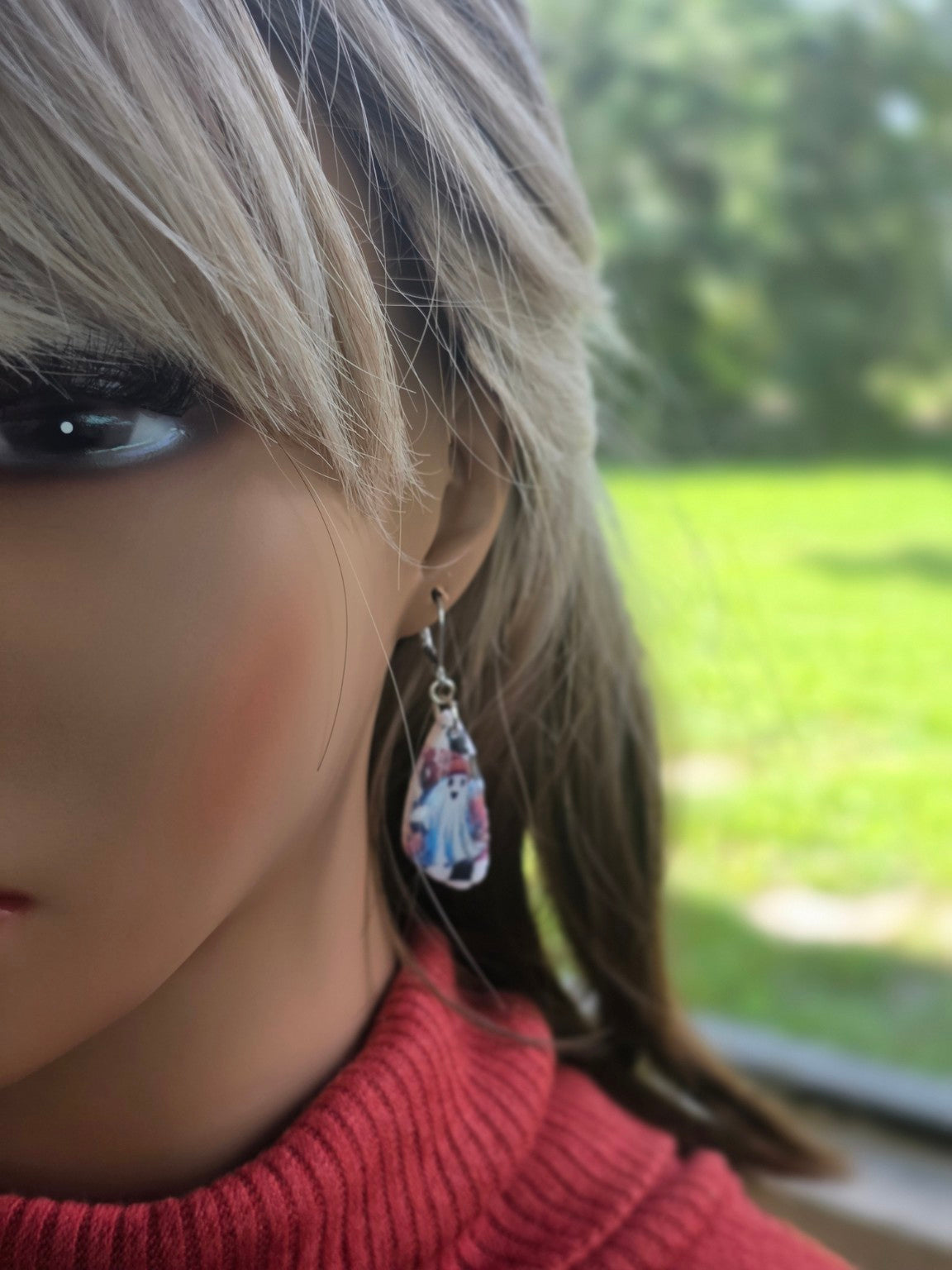 Checkerboard Spirits Ghost Teardrop Dangle Earrings 👻 Chunky Silver-Tone Resin Gloss