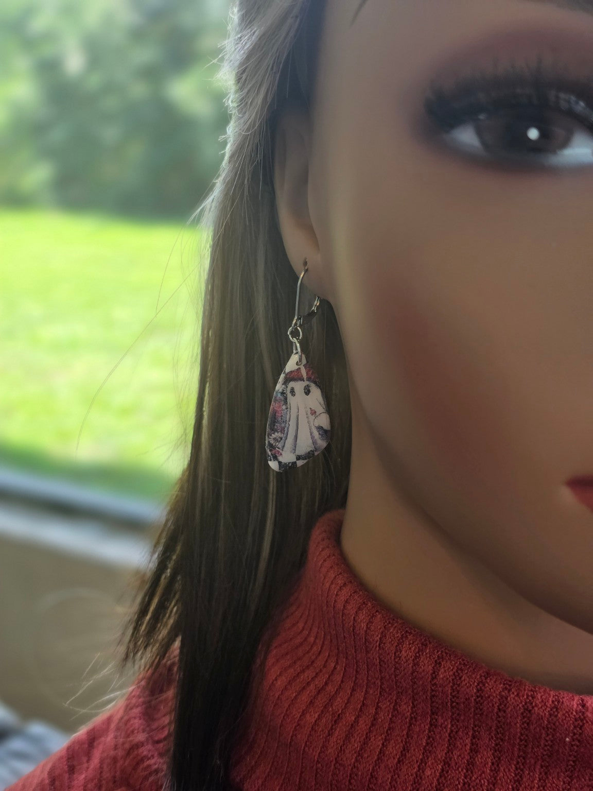 Checkerboard Spirits Ghost Teardrop Dangle Earrings 👻 Chunky Silver-Tone Resin Gloss
