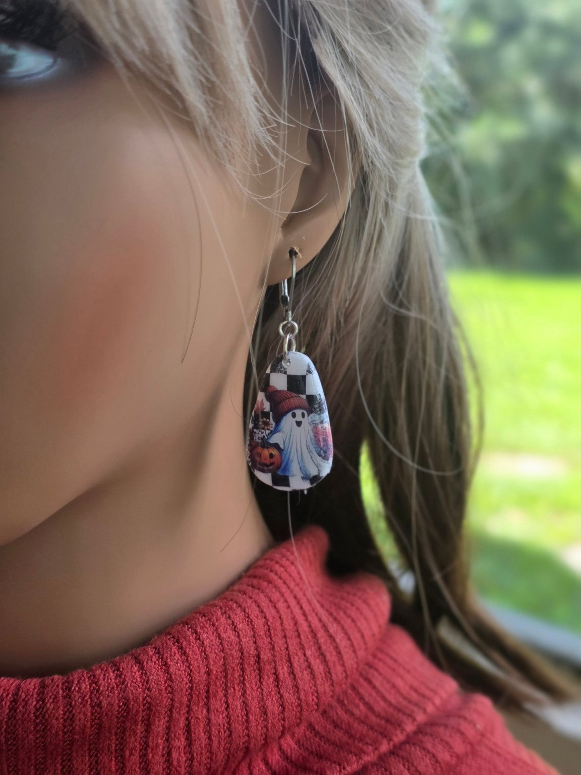 Checkerboard Spirits Ghost Long Teardrop Dangle Earrings 👻 Chunky Silver-Tone Resin Gloss