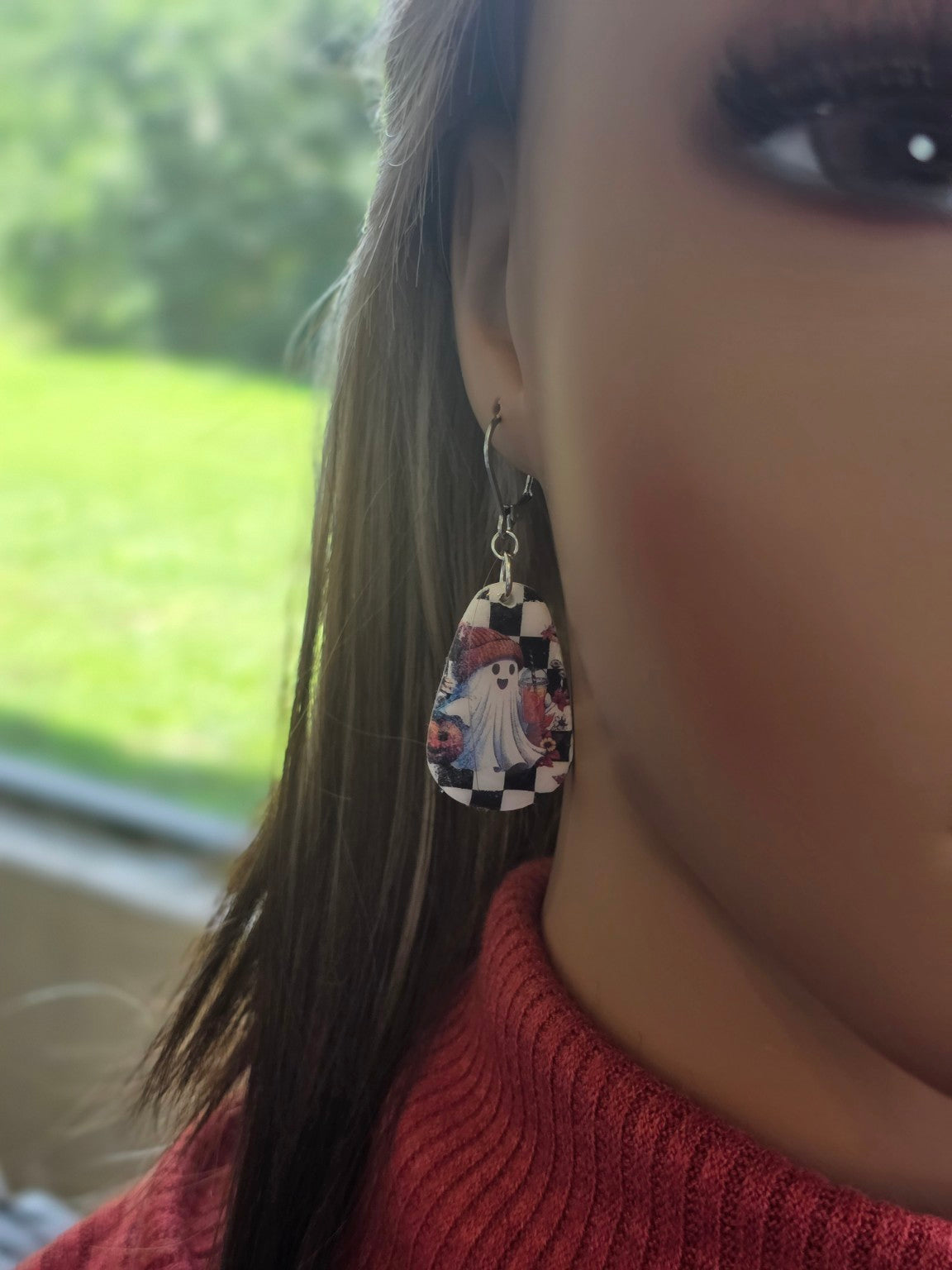 Checkerboard Spirits Ghost Long Teardrop Dangle Earrings 👻 Chunky Silver-Tone Resin Gloss