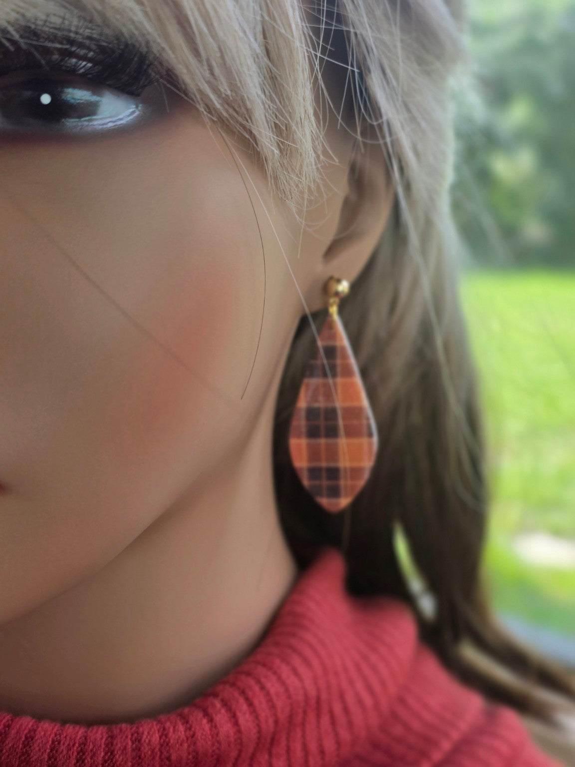 Orange Plaid Tidings Dangle Earrings 🧡 Classic Teardrop Fall Flannel