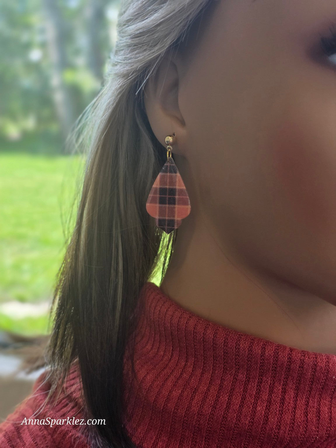 Orange Plaid Tidings Dangle Earrings 🧡 Scalloped Teardrop Fall Plaid