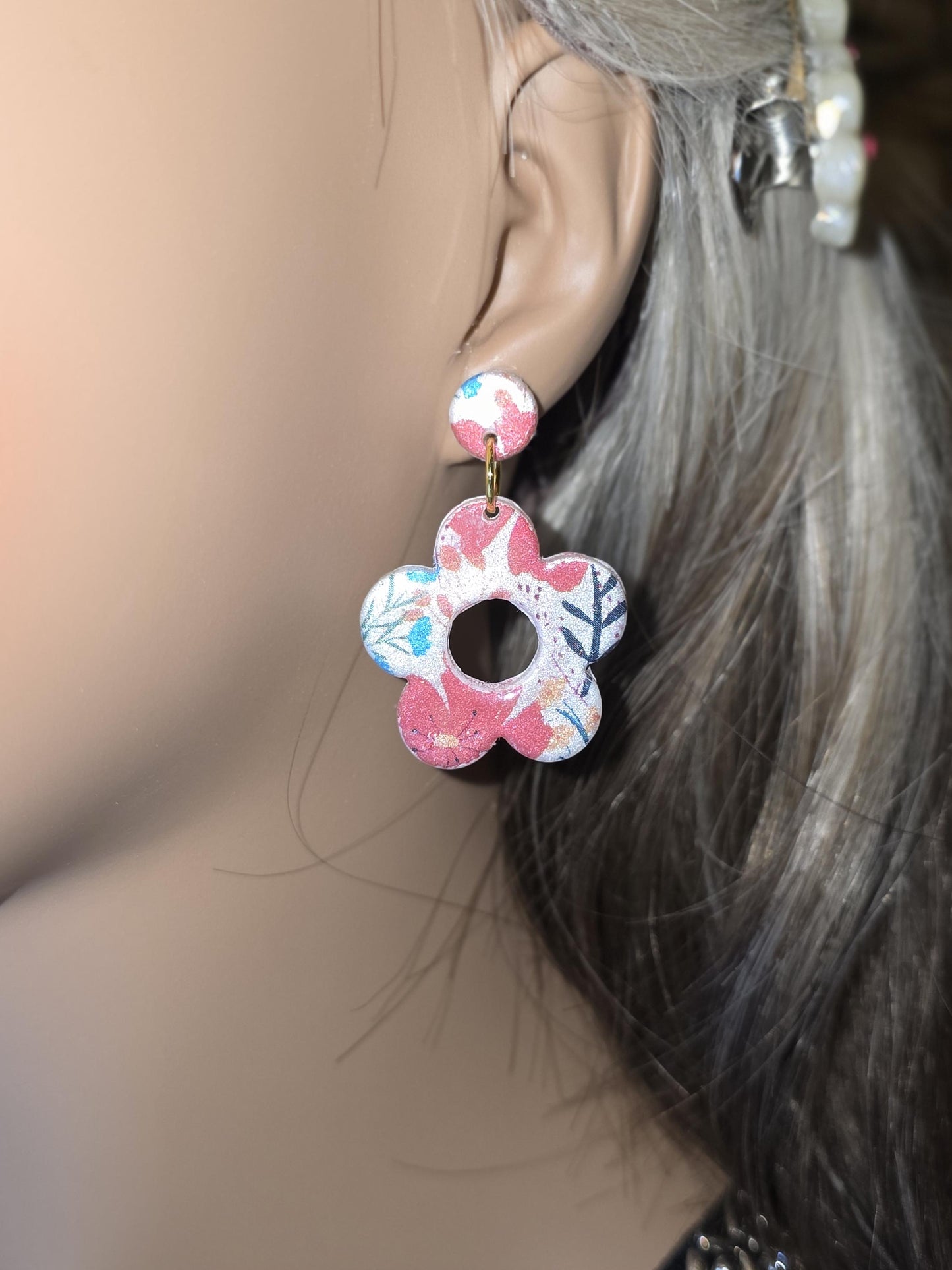 Floral Power Dangle Earrings – Water Transfer Clay Flowers with Resin Finish • Lightweight Handmade Earrings