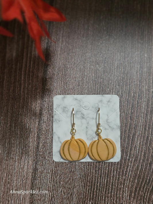 Large Pumpkin Dangle Earrings 🎃 Soft Matte Clay with Gold Accent Lines