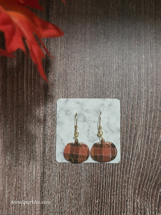Plaid Pumpkin Dangle Earrings 🎃 Glossy Non-Resin Autumn Charm