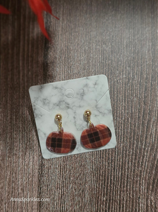 Plaid Pumpkin Drop Earrings 🎃 Glossy Non-Resin Gold Post Fall Vibes