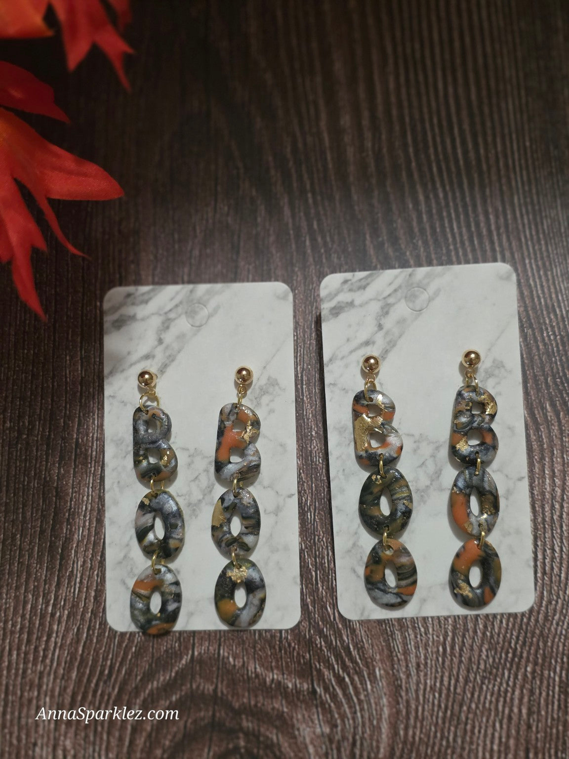 BOO Midnight Harvest Dangle Earrings 🎃 Swirled Triple Drop with Gold Leaf