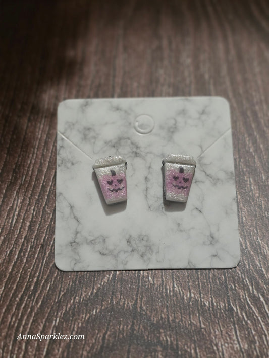 Coffee Break Cutie Stud Earrings ☕ Pink Smiling Sips