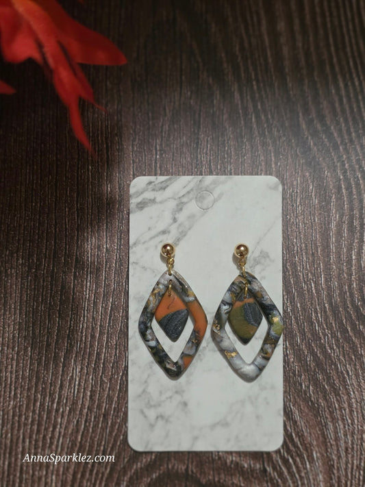Autumn Ember Veins Dangle Earrings 🍂 Double Diamond Marbled Layers