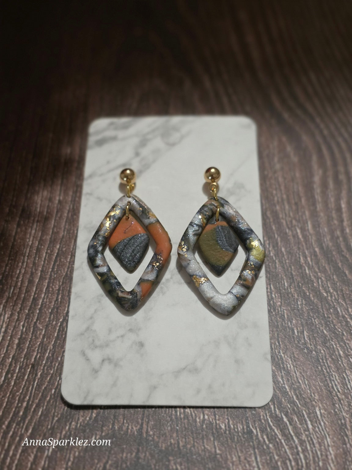 Autumn Ember Veins Dangle Earrings 🍂 Double Diamond Marbled Layers