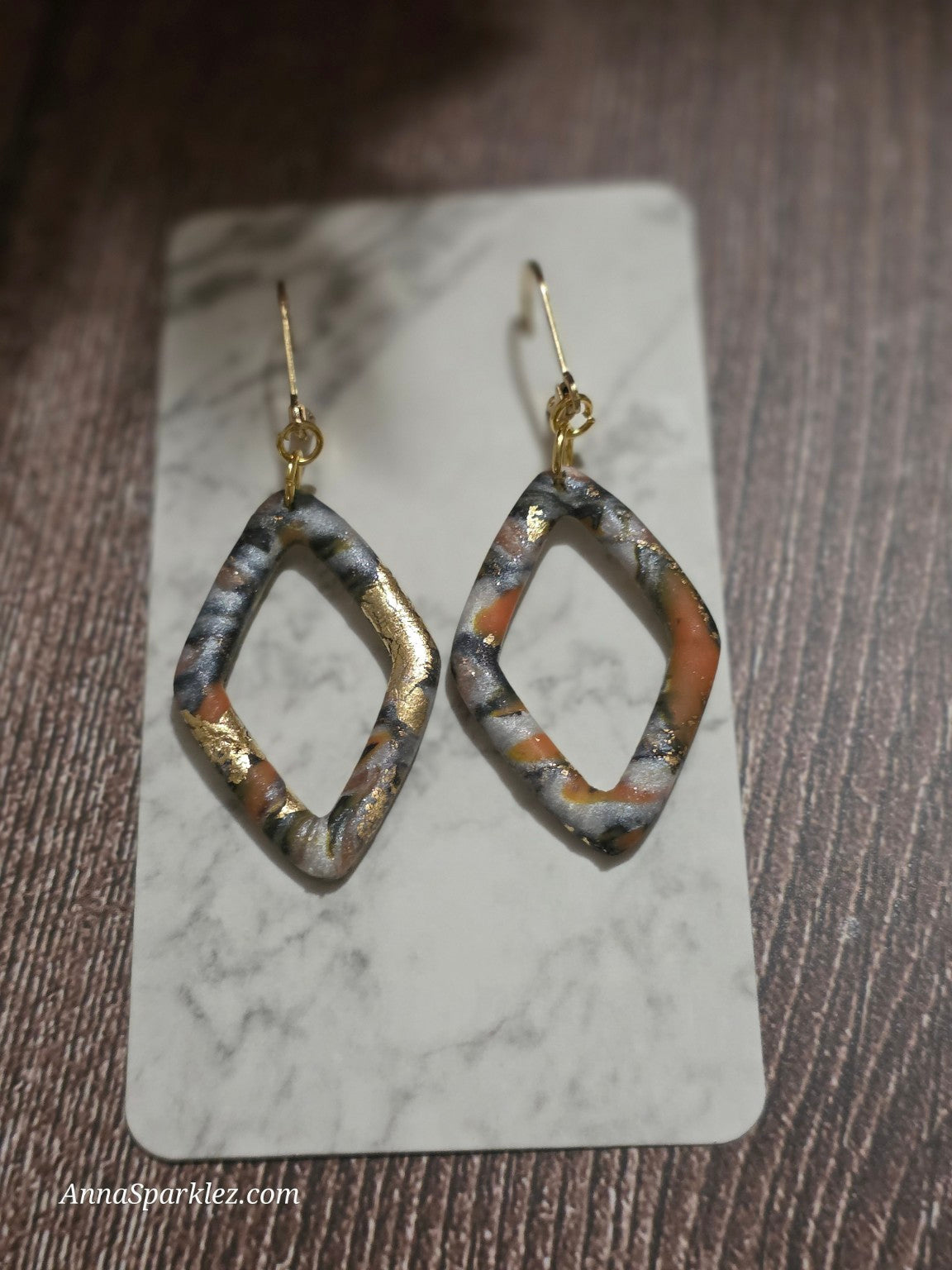 Autumn Ember Veins Dangle Earrings 🍂 Open Diamond Marbled Frames