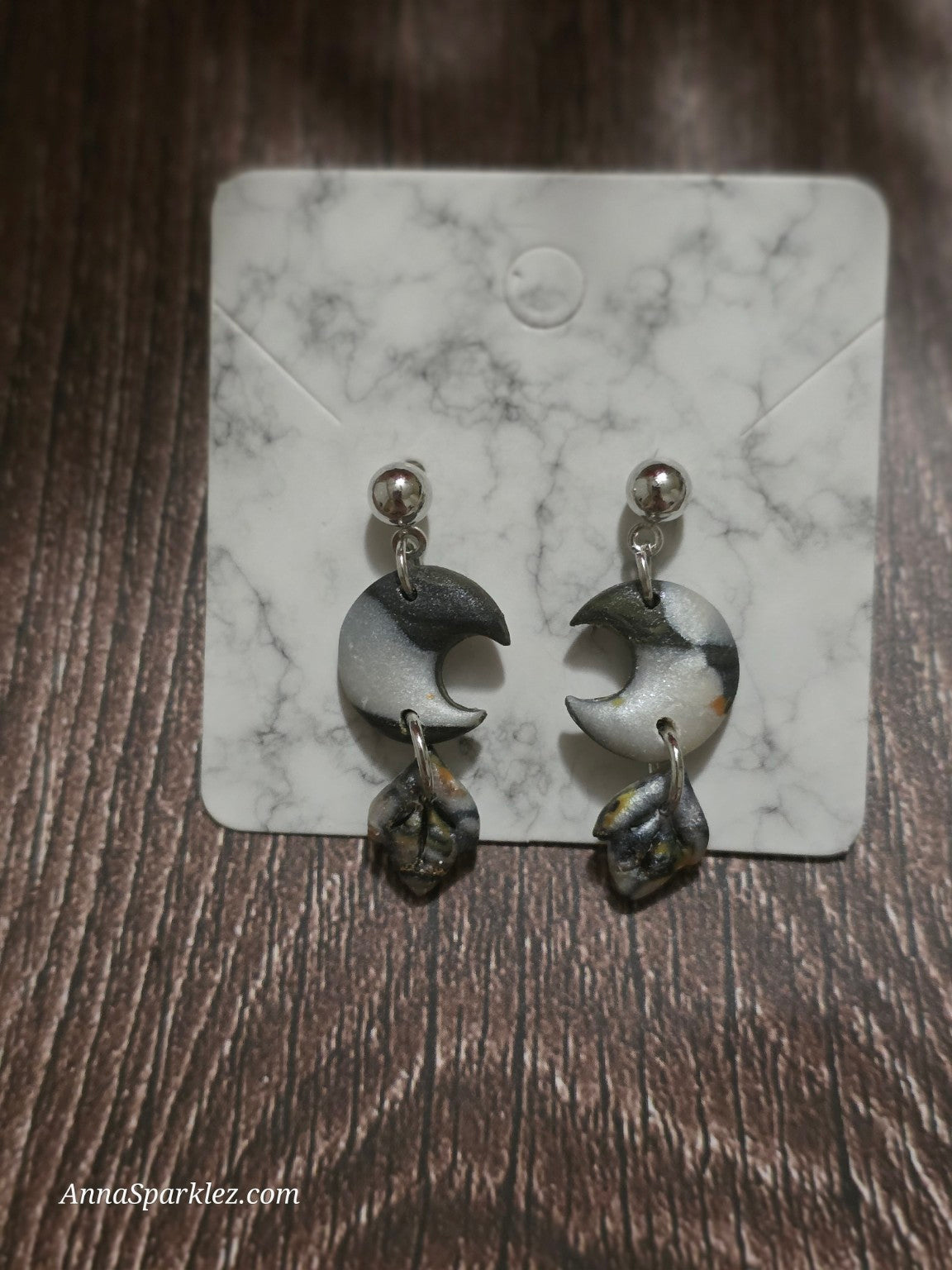 Crescent & Flame Dangle Earrings 🌒 Black Silver Marble Clay Statement