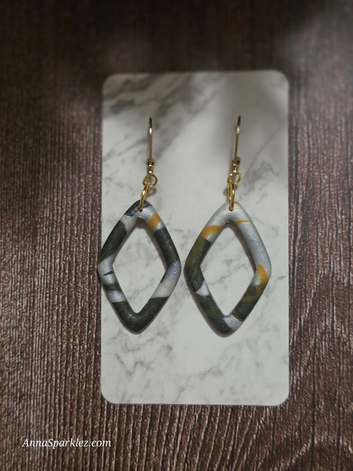 Diamond Cutout Earrings 🖤 Black Silver Marble with Gold Accent