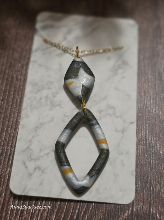 Double Diamond Pendant Necklace 🖤 Silver Black Marble Clay Statement
