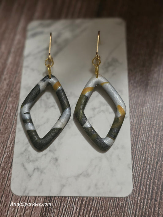 Diamond Cutout Earrings 🖤 Black Silver Marble with Gold Accent