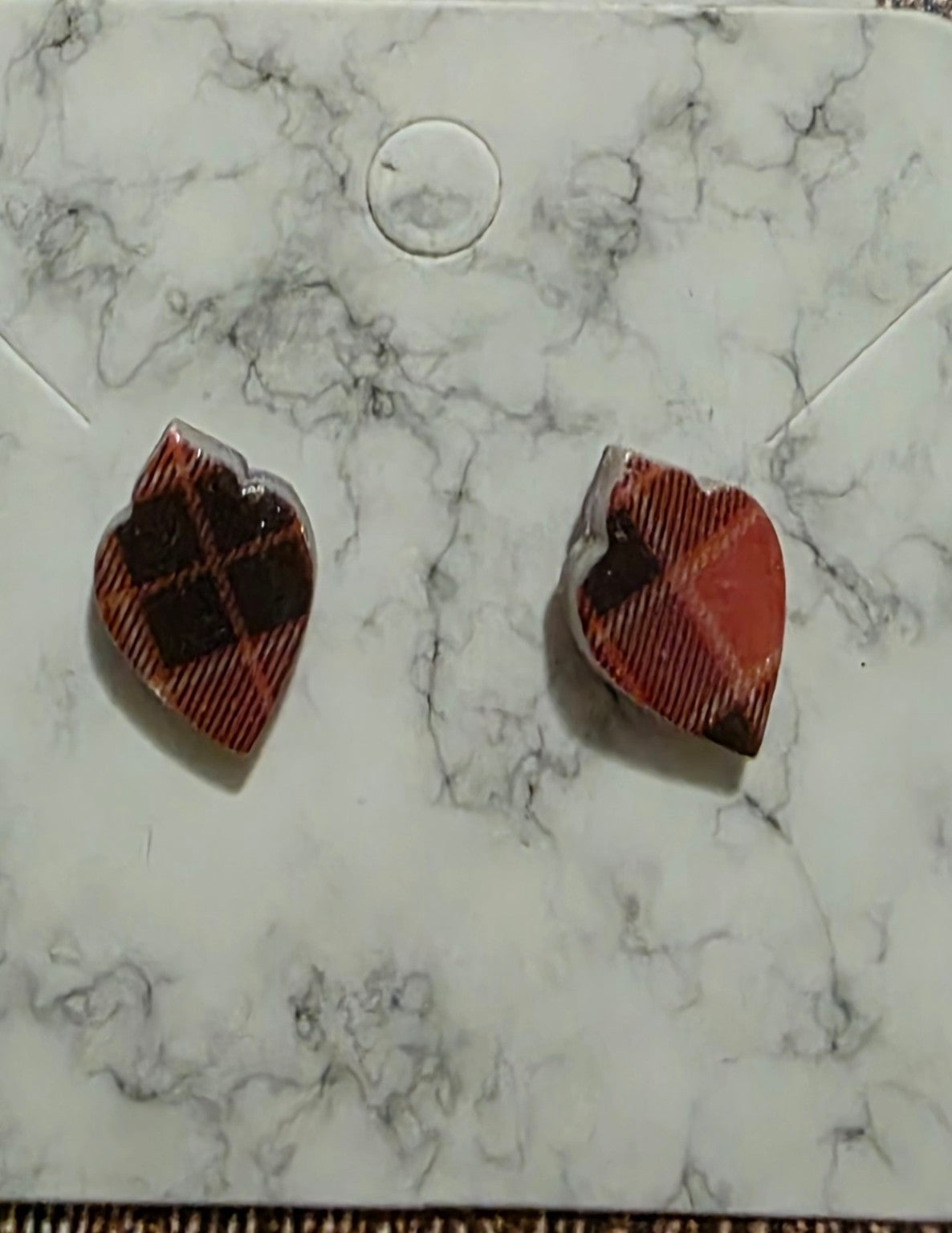 Orange Plaid Tidings Stud Earrings 🧡 Mismatched Heart Plaid