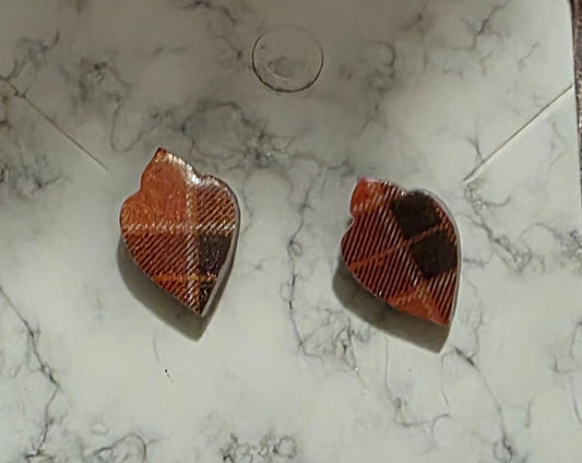 Orange Plaid Tidings Stud Earrings 🧡 Autumn Heart Style A