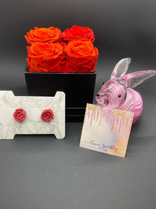 Glittered Red Rose Stud Earrings – Glossy Polymer Clay Floral Studs