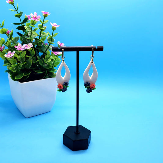 Floral Drop Clay Earrings – Handmade White Arch with Miniature Flowers • Polymer Clay Dangles • Whimsical Spring Jewelry