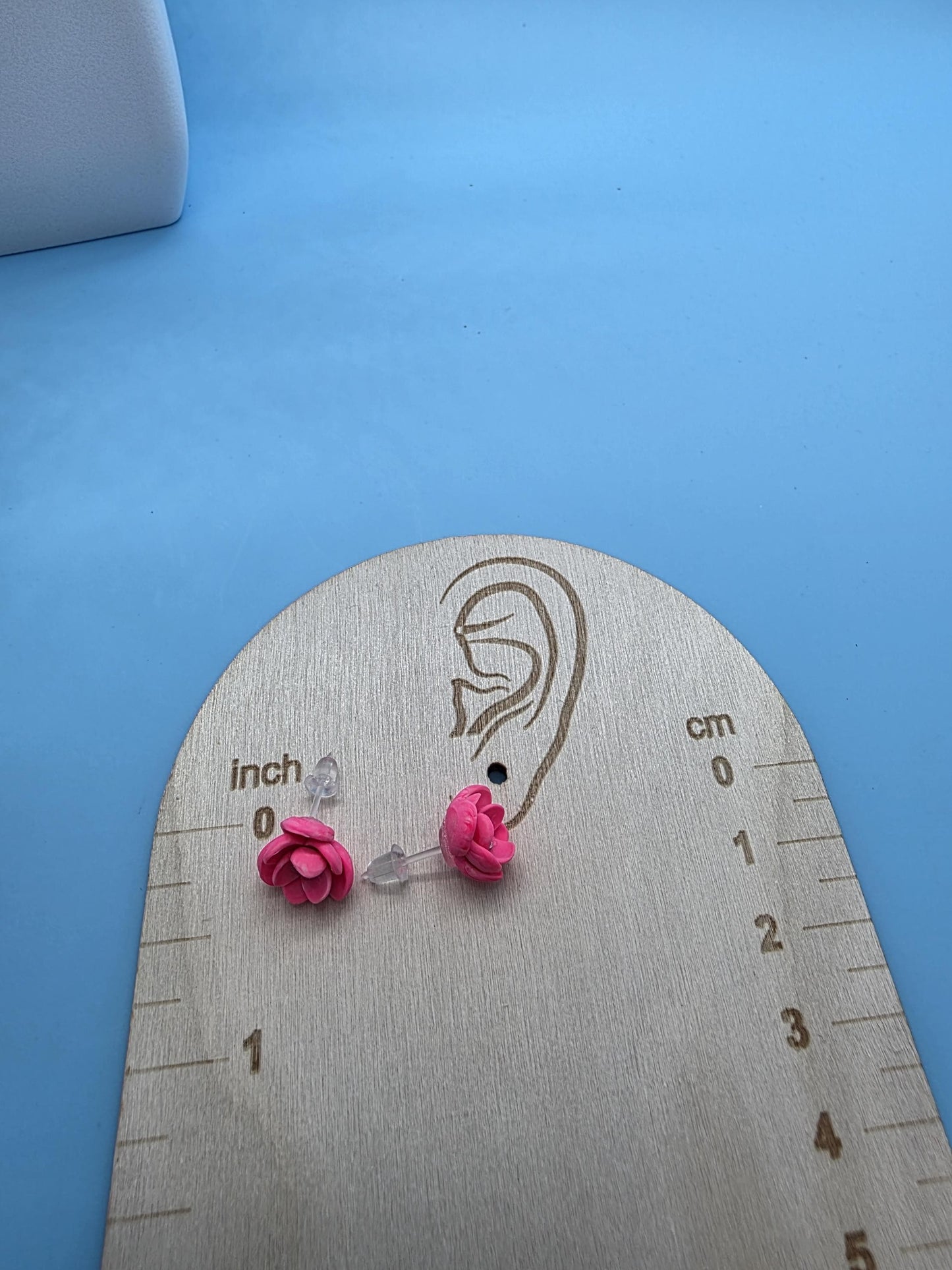 Pink Flower Clay Stud Earrings – Small Handmade 3-Petal Floral with Rhinestone Center • Polymer Clay Jewelry •  Post and back are silicone.