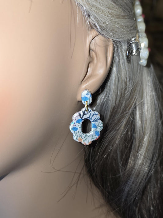 Blue Blossom Dangle Earrings – Resin-Coated Polymer Clay Floral Drops