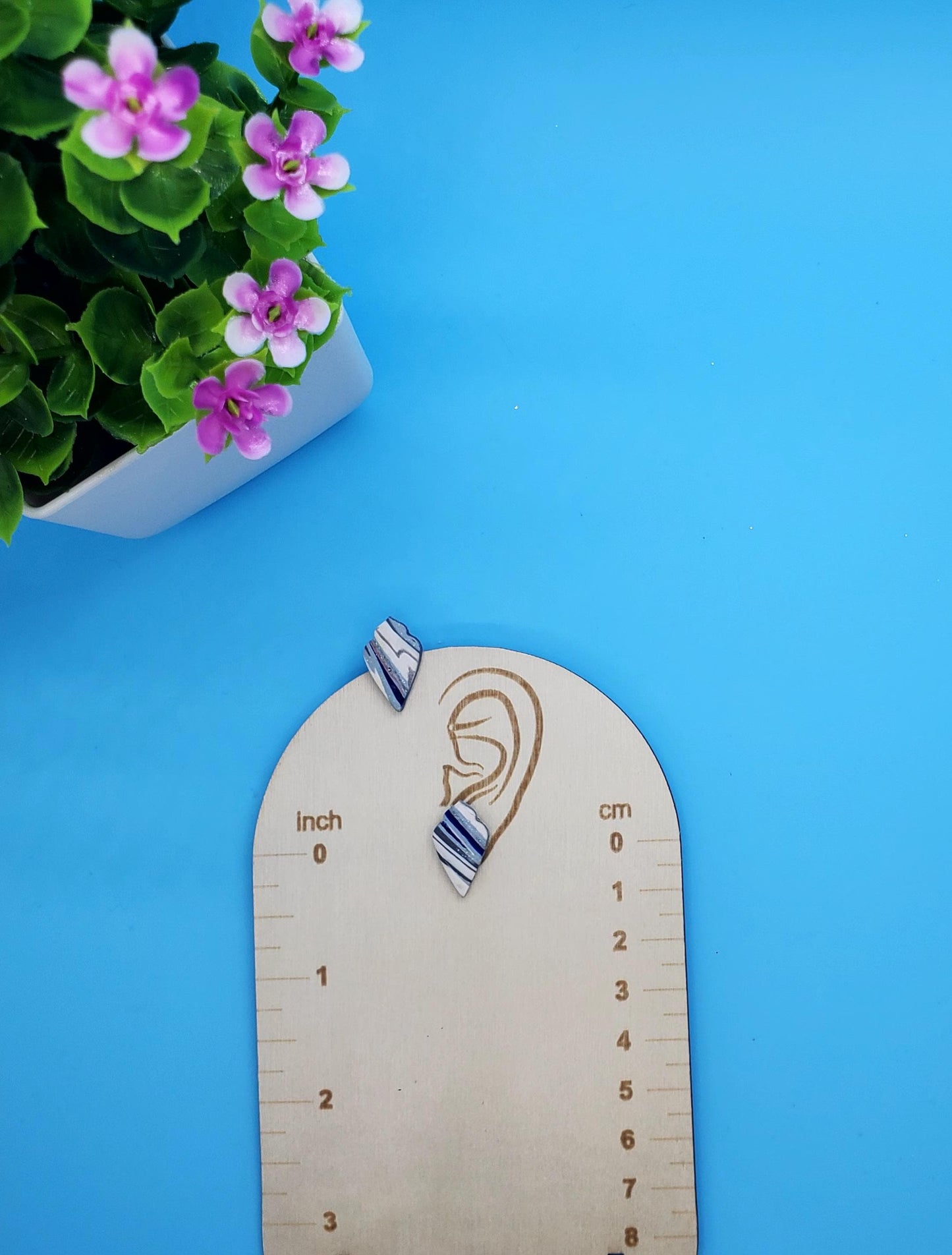 Modern Navy & White Marbled Clay Studs – Abstract Geometric Earrings • Matching Pendant Available • Hypoallergenic Posts