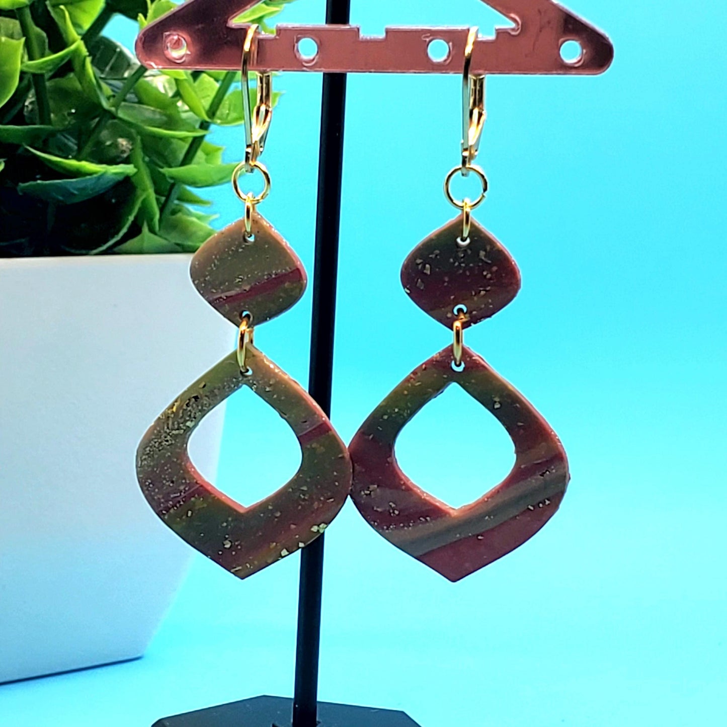Retro Drop Clay Earrings – Multicolor Polymer Dangles with Gold Flakes • Geometric Handmade Jewelry • Lightweight Fall Accessory