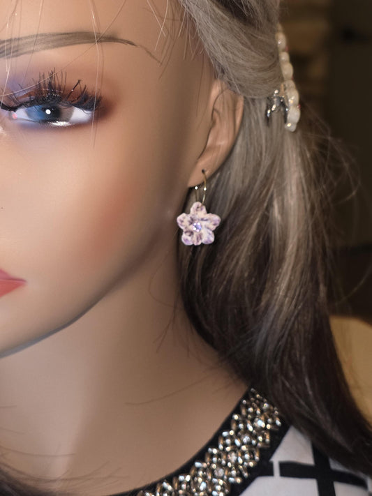 Petite Purple Blossom Hoops – Floral Polymer Clay Earrings with Lavender Rhinestones • Lightweight Handmade Hoops