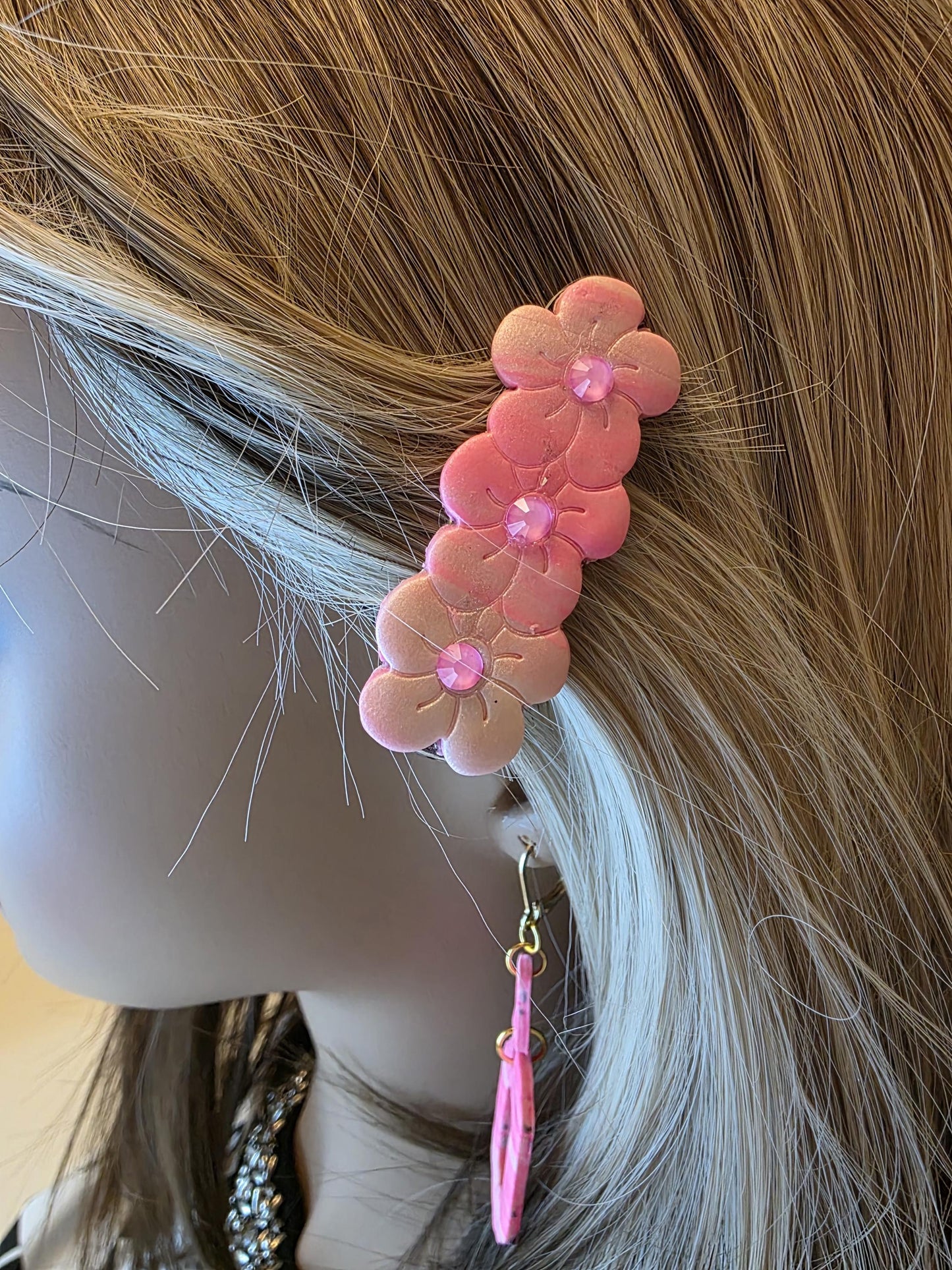 Pink Petals Hair Clip – Soft Ombre Florals with Rhinestones | Small