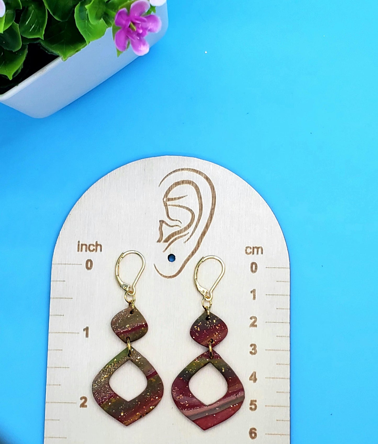 Retro Drop Clay Earrings – Multicolor Polymer Dangles with Gold Flakes • Geometric Handmade Jewelry • Lightweight Fall Accessory