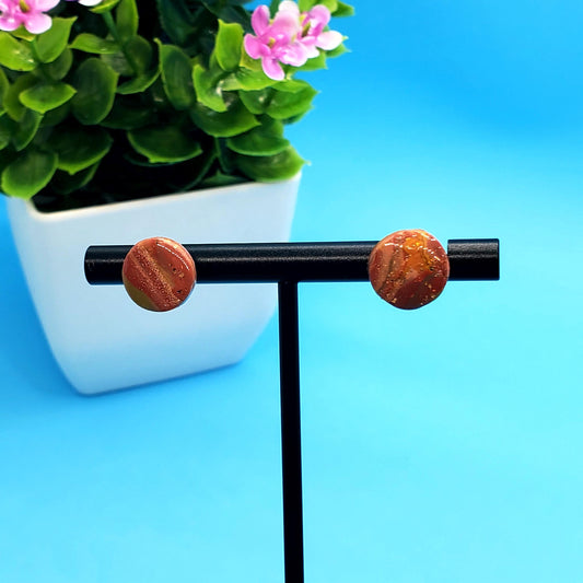 Mini Marbled Clay Stud Earrings – Rust & Gold Round Polymer Clay Button Studs • Resin Sealed • Hypoallergenic Posts