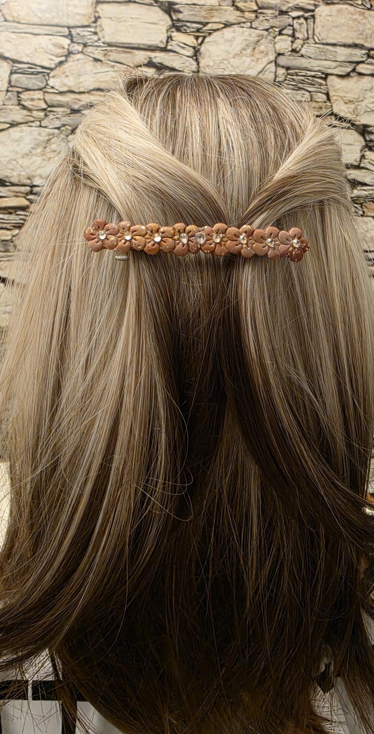 Champagne Rhinestone French Barrette | Handmade Polymer Clay Hair Clip | Sparkly Neutral Statement Clip