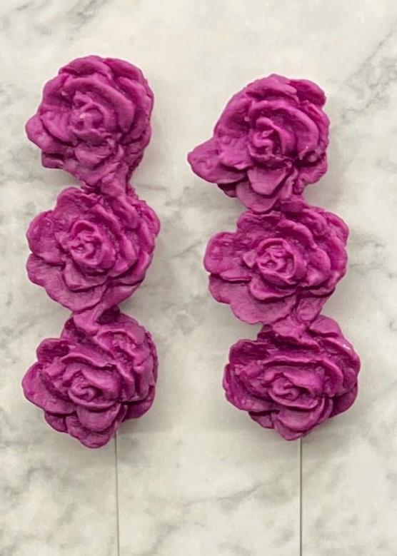 Triple Rose Drop Earrings – Handcrafted Fuchsia Clay Floral Studs