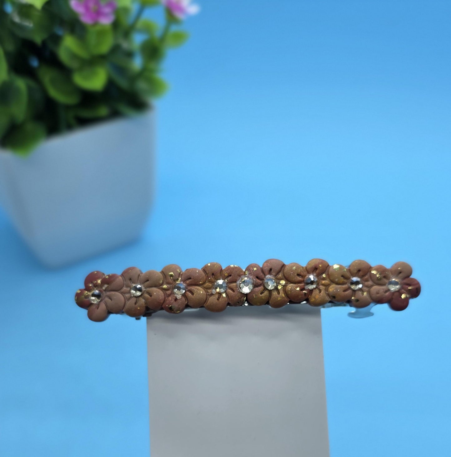 Champagne Rhinestone French Barrette | Handmade Polymer Clay Hair Clip | Sparkly Neutral Statement Clip