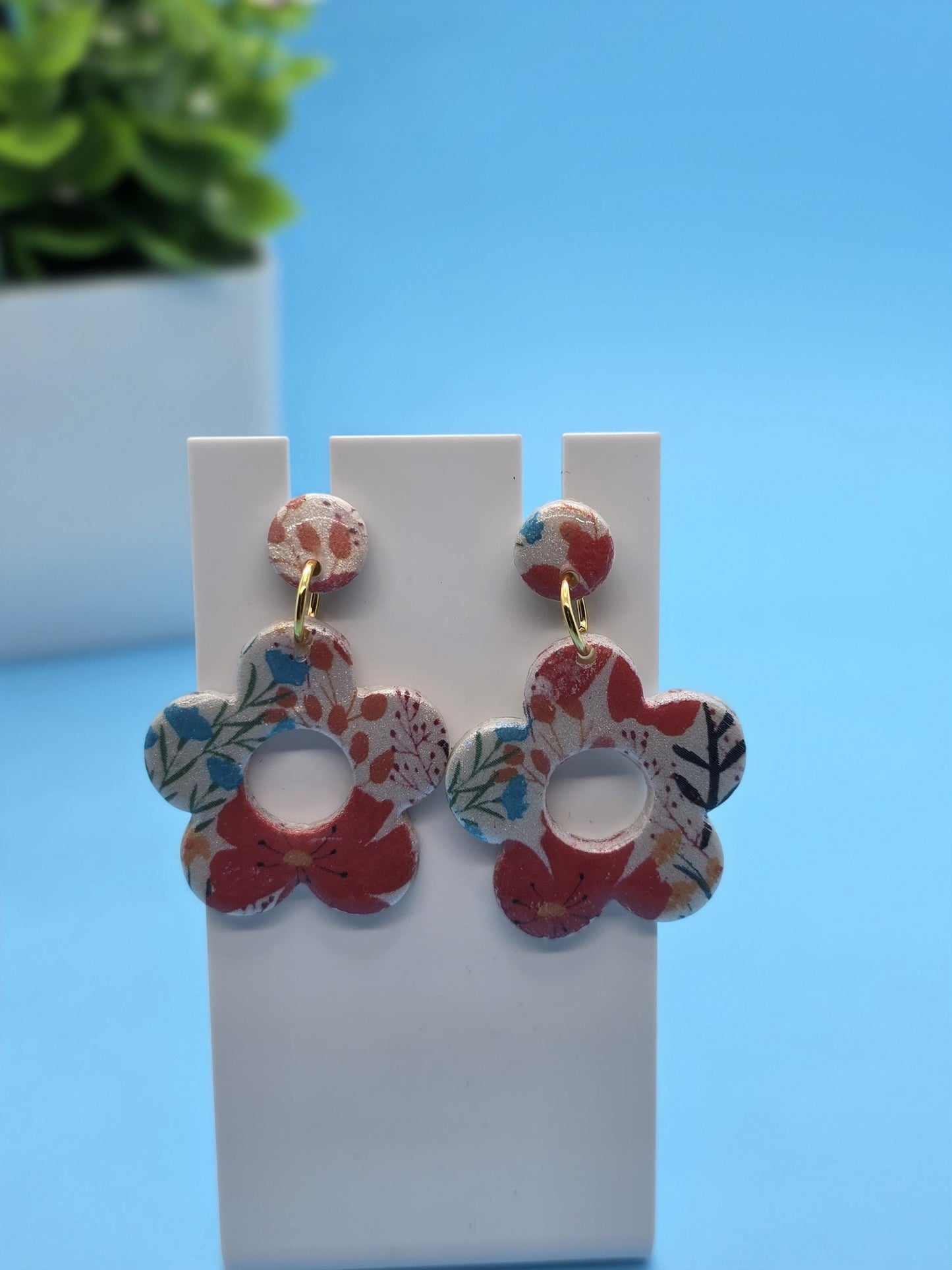 Floral Power Dangle Earrings – Water Transfer Clay Flowers with Resin Finish • Lightweight Handmade Earrings