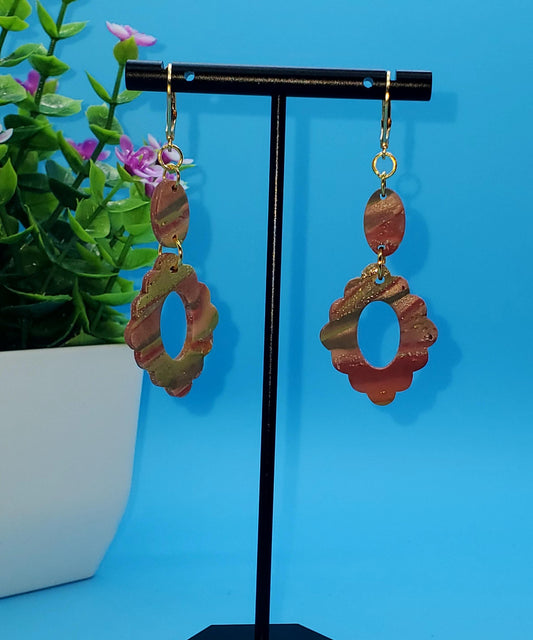Scalloped Drop Clay Earrings – Marbled Polymer Clay with Gold Flecks • Handmade Boho Statement Dangles • Autumn Vibes