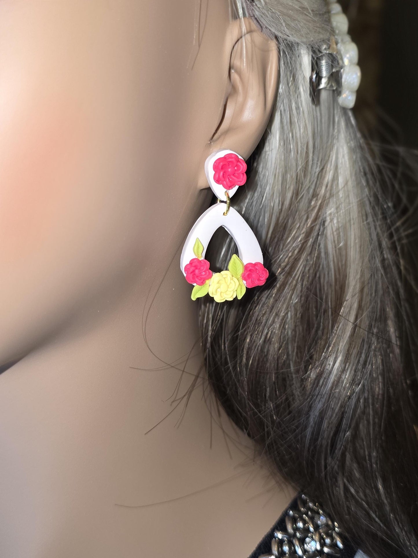 Bold Floral Arch Polymer Clay Earrings – Pink & Yellow Handmade Dangle Statement Jewelry
