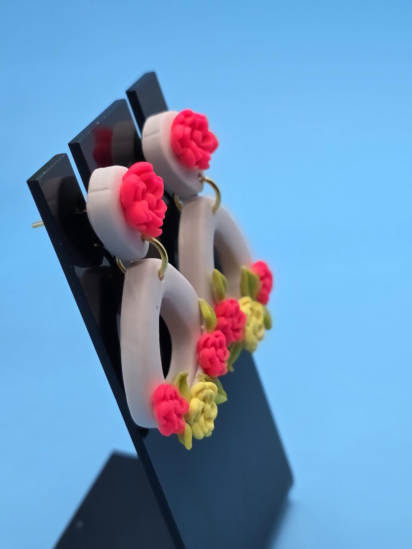 Bold Floral Arch Polymer Clay Earrings – Pink & Yellow Handmade Dangle Statement Jewelry